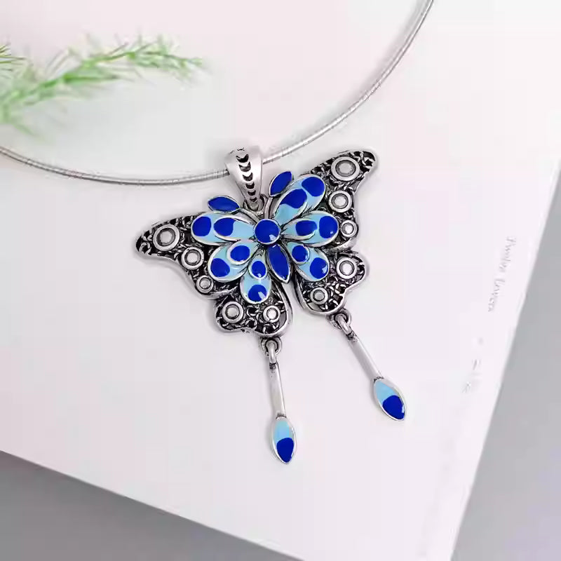 Blue Enamel Butterfly Tassel Pendant Necklace – 990 Silver Elegant Vintage Accessory