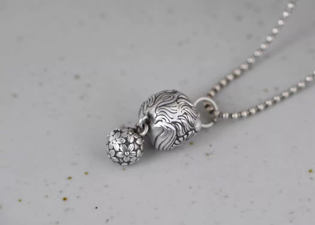 Taotie Hollow Pendant – Retro Chinese Double Happiness Flower Ball Necklace