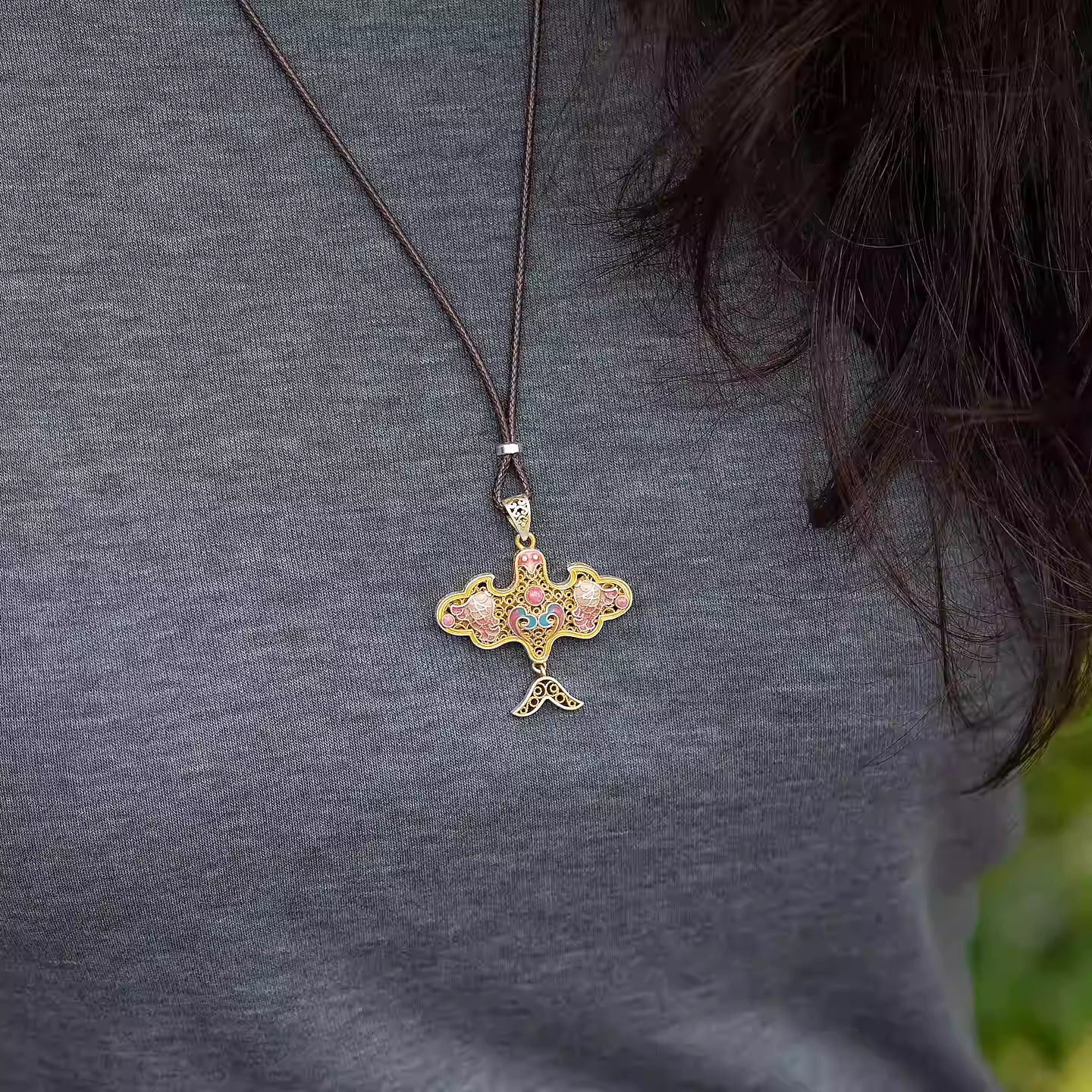 Colorful Kite Double Fish & Swallow Enamel Pendant Necklace – 999 Fine Silver Gilded New Chinese Style