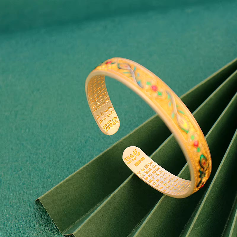 9999 Fine Silver Enamel Phoenix Feather Heart Sutra Bangle – Adjustable Solid Silver Bracelet for Women