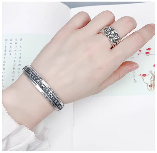 999 Fine Silver Solid Heart Sutra Bracelet – Adjustable Open Band Unisex Couple Bangle