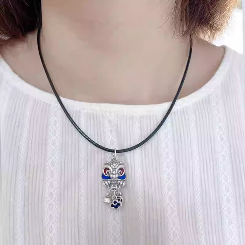 999 Sterling Silver Lion Dance Tassel Necklace – Unisex Pendant with Cloisonné Blue, Copper Coin & Bell, Chinese Feng Shui Jewelry