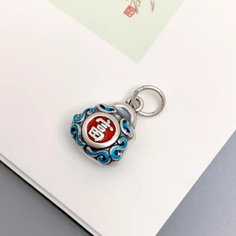 Lucky Wealth Bag Pendant Necklace with Ruyi Chain – Enamel Blue Burning Craft