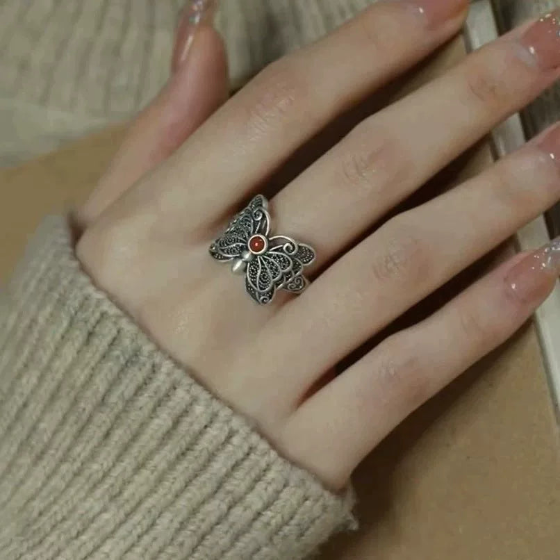 925 Sterling Silver Filigree Red Agate Butterfly Ring – Adjustable Vintage Chinese Style Statement Ring