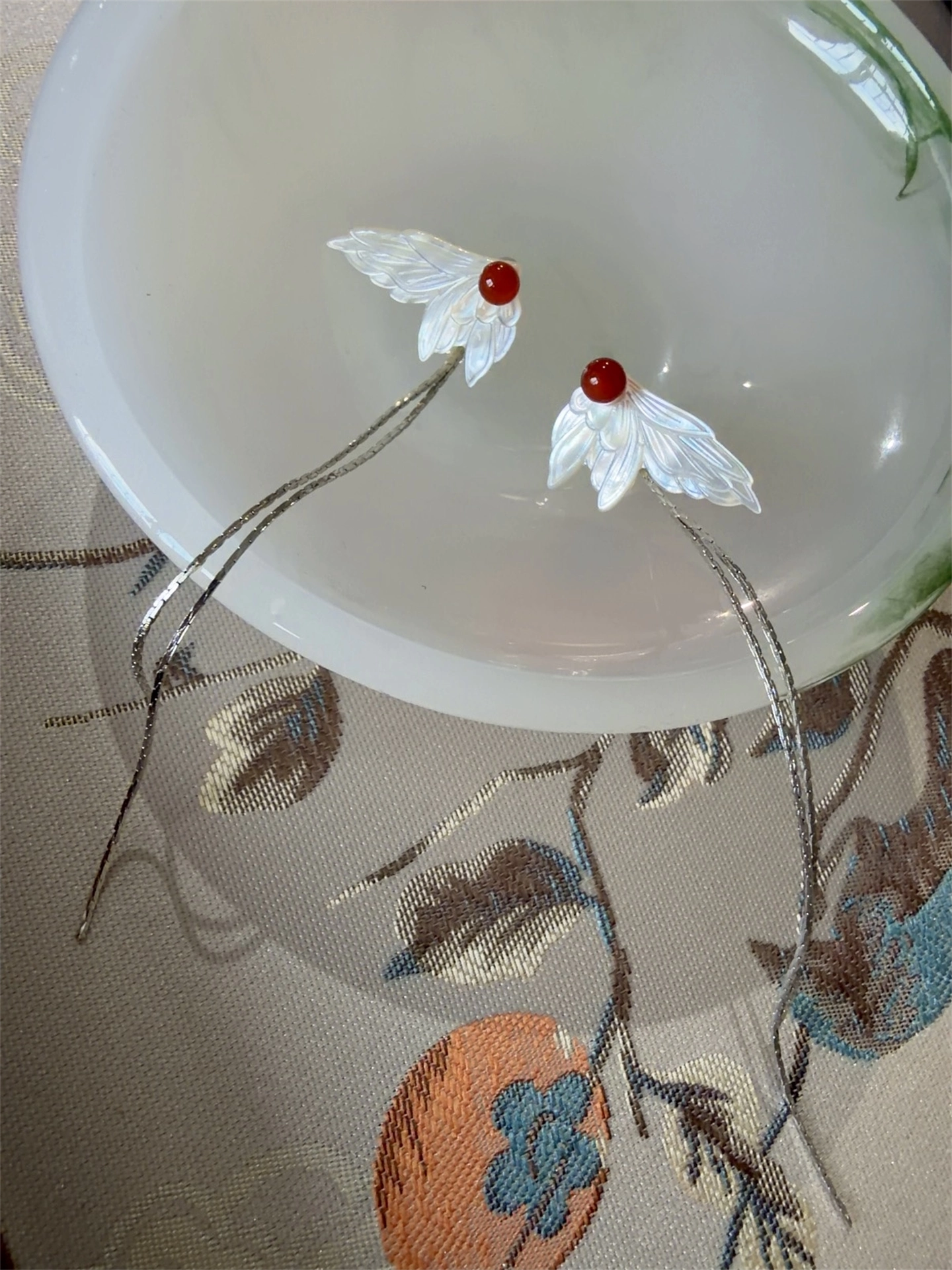 White Mother-of-Pearl Butterfly Wing Tassel Earrings