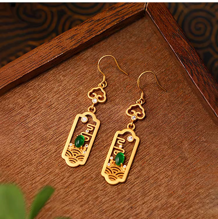 New Chinese Style Cloud & Green Jade Drop Earrings – 24K Gold-Plated 925 Silver, Elegant Oriental Design for Women