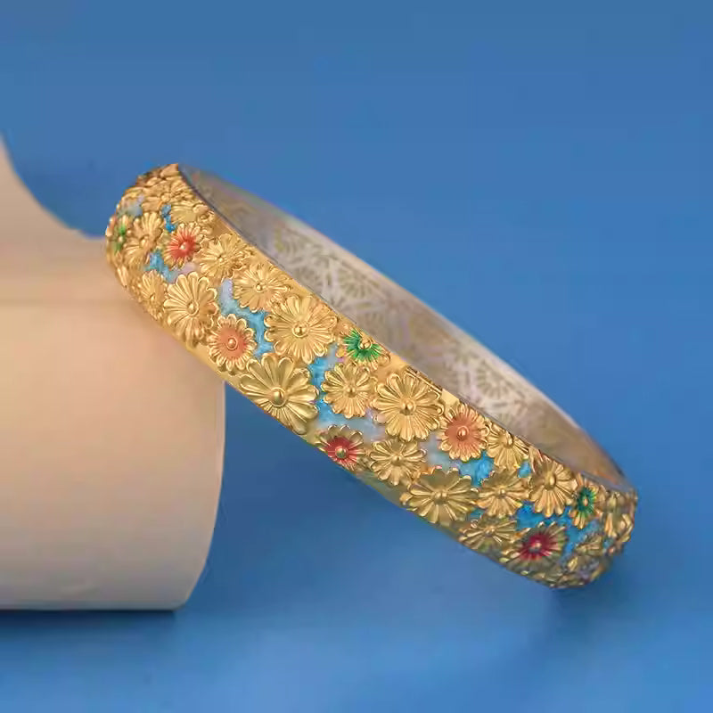 999 Pure Silver Enamel Daisy Bangle – Gold-Outlined Floral Cuff Bracelet for Women | Traditional Chinese Handcrafted Jewelry
