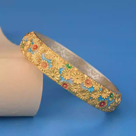 999 Pure Silver Enamel Daisy Bangle – Gold-Outlined Floral Cuff Bracelet for Women | Traditional Chinese Handcrafted Jewelry