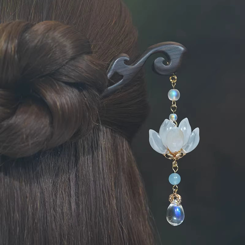 Glass Lotus Tassel Ebony Hairpin – Hanfu, Qipao &amp; Chinese Style Hair Accessory, 18cm, White/Pink/Blue Lotus