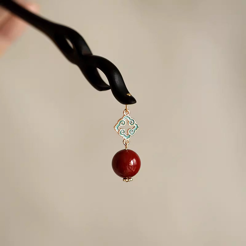 Original Chinese Ebony Wood Hairpin & Pendant with Cinnabar Inlay – Oriental Calming Amulet Jewelry