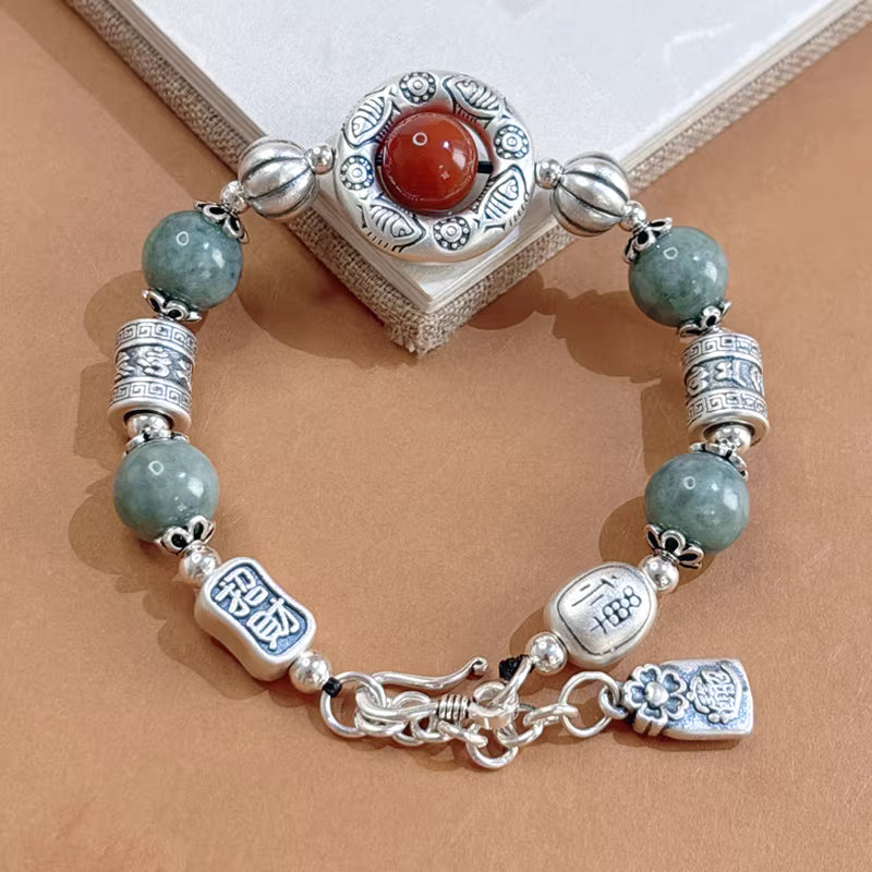 Handmade Jade Fish Pattern Bracelet with Red Garnet and 999 Silver – Adjustable Feng Shui Lucky Charm Jewelry