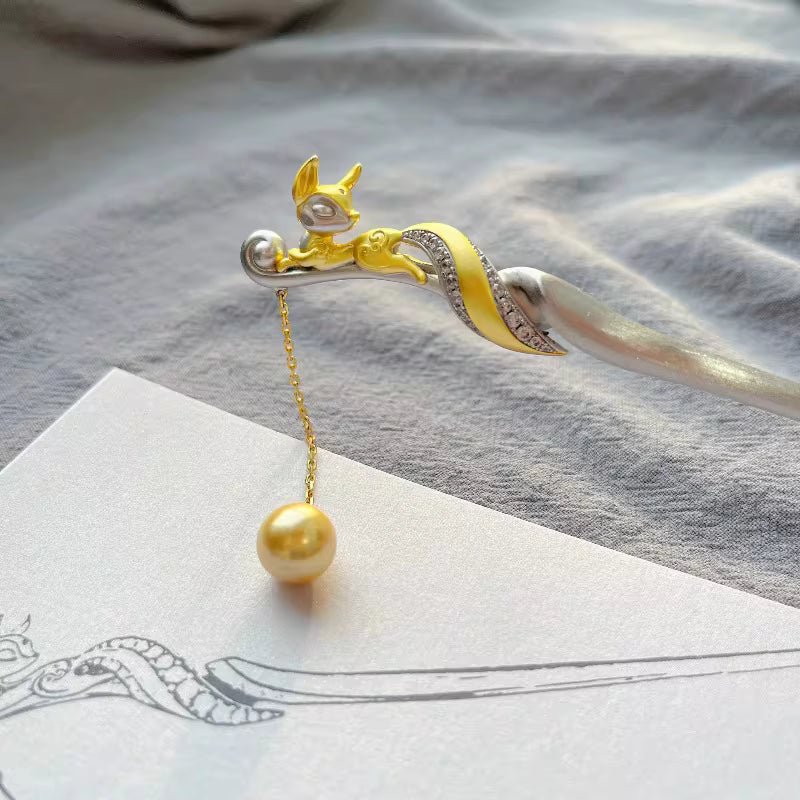 New Chinese Style Lucky Fox Hairpin – Handmade Luxury Fox Hair Stick with Pearls, Metal & Alloy
