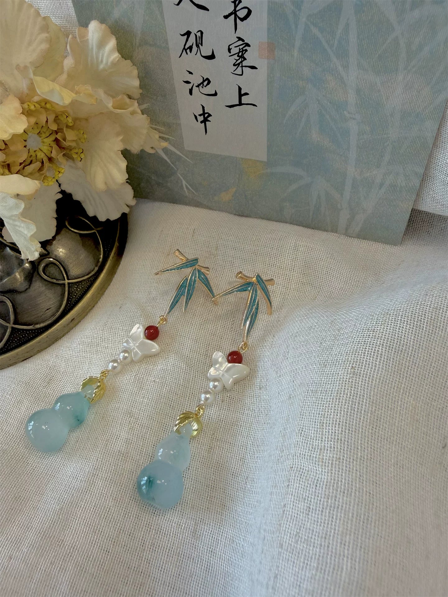 Mother-of-Pearl Butterfly & Blue Gourd Tassel Earrings – Elegant Handcrafted Statement Earrings for Women