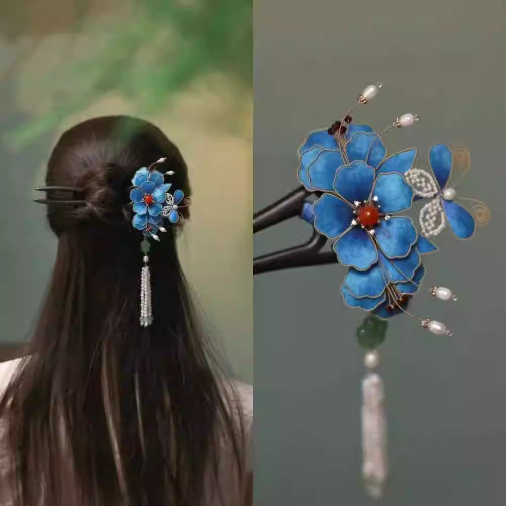 Blue Silk Velvet Peony Tassel Hairpin – Traditional Chinese Non-Heritage Cloisonné & Silk Flower Hair Accessory
