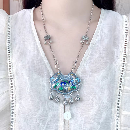 Fish and Lotus Water Play Ruyi Lock Pendant with Tassel – Enamel Lucky Silver Charm | 999 Fine Silver