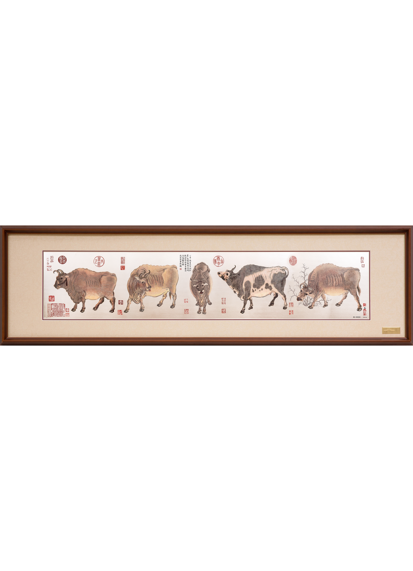 Five Oxen  Handcrafted Metal Wall Art | Traditional Chinese Repoussé Chasing Luxury Frame