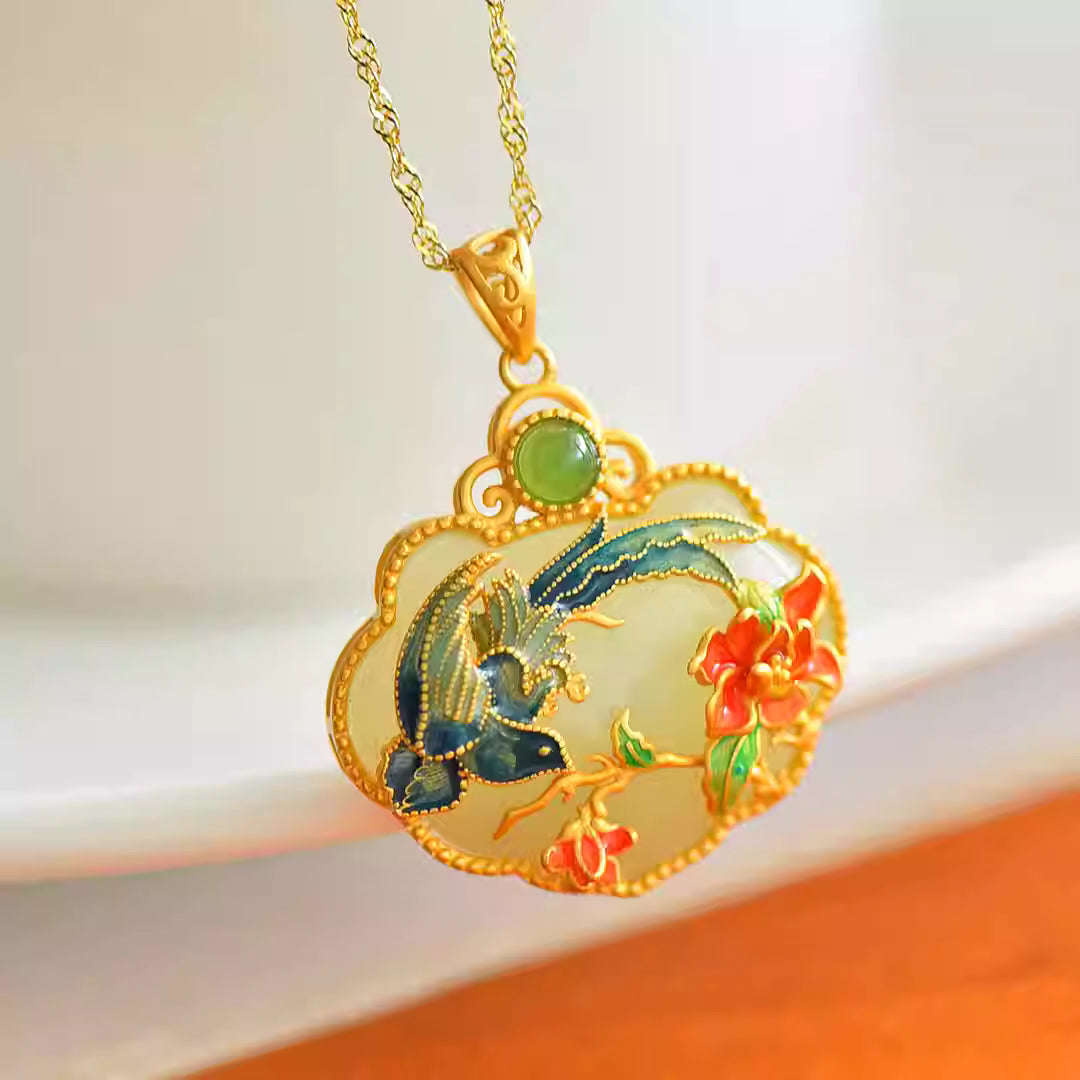 New Chinese Style S925 Gold-Plated Silver Hetian Jade Blue Enamel Magpie Ruyi Lock Pendant Necklace for Women