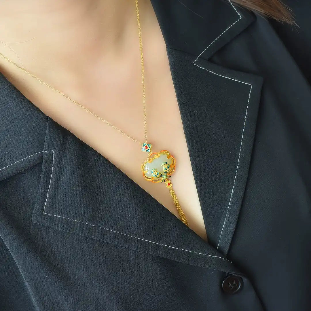 S925 Sterling Silver Cloisonné Magpie Pendant with Natural Hetian Jade – Auspicious Chinese Tassel Jewelry for Women