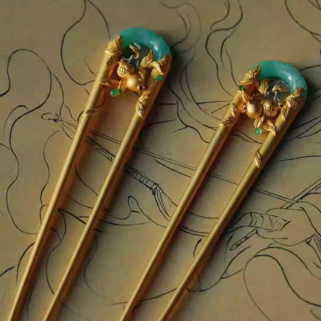 New Chinese Style Gold-Plated S925 Silver Pomegranate Jade U-Shaped Hairpin – Hanfu Qipao Ancient Fashion Accessory