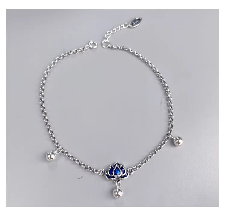 S925 Sterling Silver Blue Lotus Anklet for Women - Adjustable 25cm, Vintage Art Jewelry, Lucky Charm Foot Bracelet