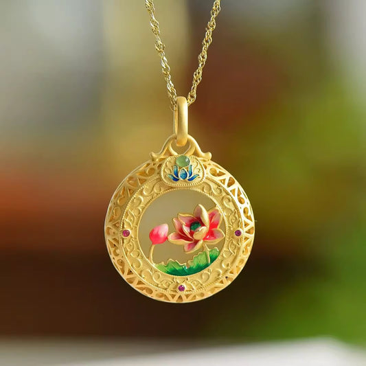 Lotus Pond Under Moonlight S925 Gold-Plated Silver Hetian Jade Enamel Openable Lotus Sachet Pendant Necklace for Women