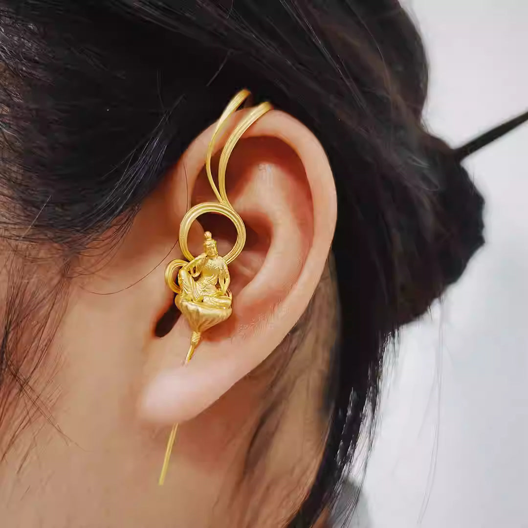 Handcrafted Silver Bodhisattva Stud Earrings – 70×13mm, Gold or Silver Finish, Original Design