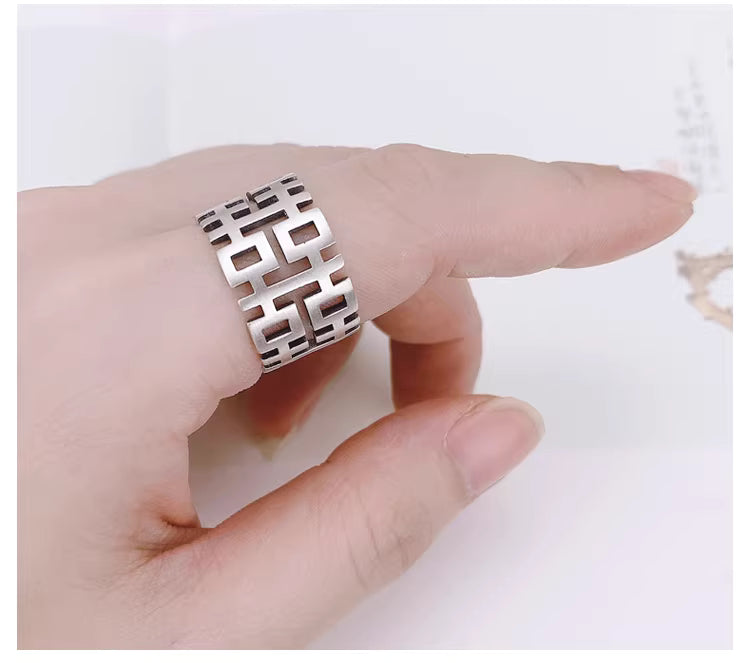 925 Sterling Silver Double Happiness Ring – Hollow Carved Open Band