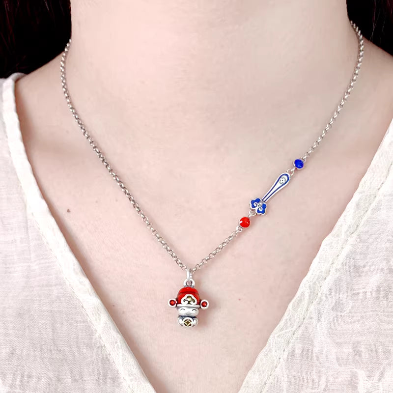 999 Fine Silver Cute God of Wealth Pendant – Enamel Coin Design, New Chinese Style Necklace