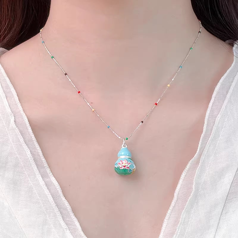 999 Fine Silver Gourd Pendant – Enamel Lotus Pond Moon Design, New Chinese Style Necklace