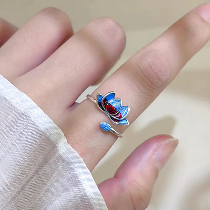 Minimalistischer Cloisonné Lotus Offener Ring für Damen – Künstlerisches Leichtes Luxus-Design | S925 Sterlingsilber
