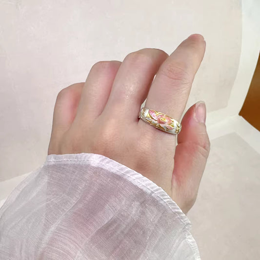 Fine Silver Lotus Flower Ring – Adjustable Open Ring with Colorful Enamel and Gold Trim