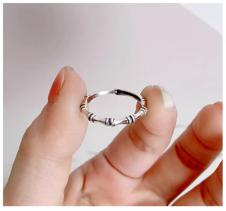 Vintage Bamboo Segment Adjustable Ring – Minimalist Polished Silver Band