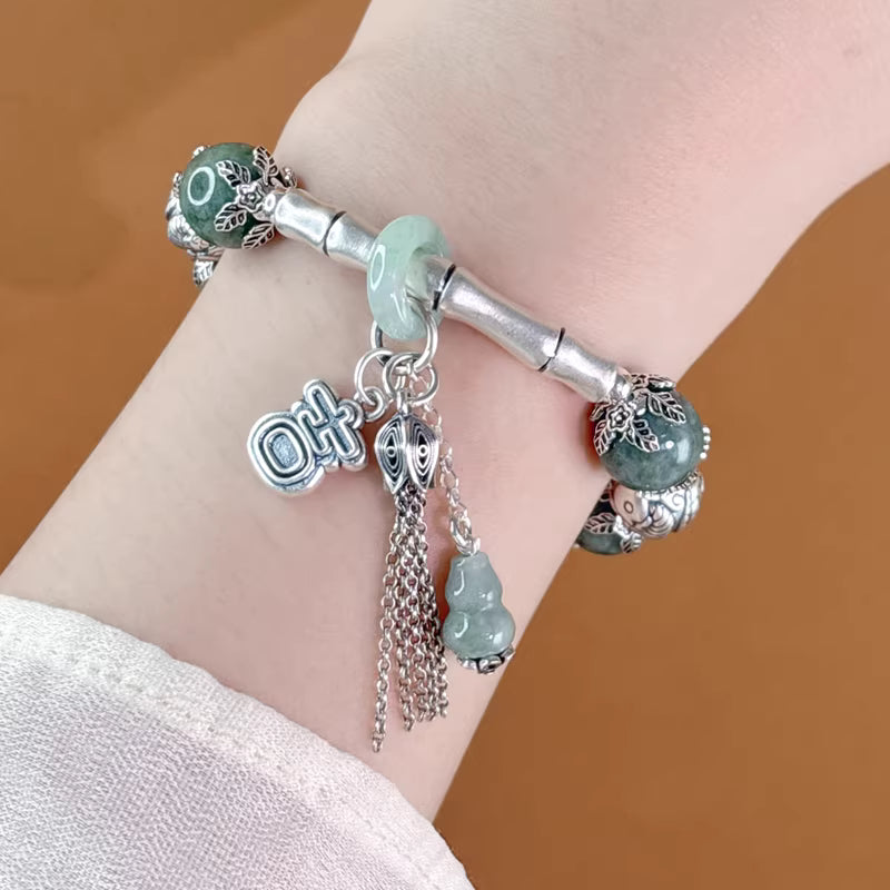 Lucky "Ji" Character Jade Curved Tube Bracelet with Gourd Tassel – Adjustable Feng Shui Design | 999 Sterling Silver