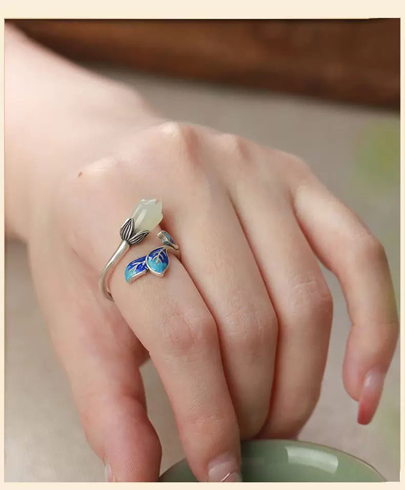 Handcrafted Magnolia Blossom Ring in 925 Sterling Silver  Hetian Jade – Vintage Chinese Cloisonné Enamel Adjustable Ring