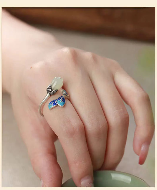 Handcrafted Magnolia Blossom Ring in 925 Sterling Silver  Hetian Jade – Vintage Chinese Cloisonné Enamel Adjustable Ring
