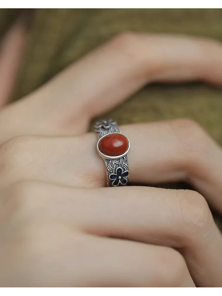 Vintage S925 Silver Nanhong Agate Lovesick Bean Flower Ring – Enamel Floral Ethnic Adjustable Ring for Women