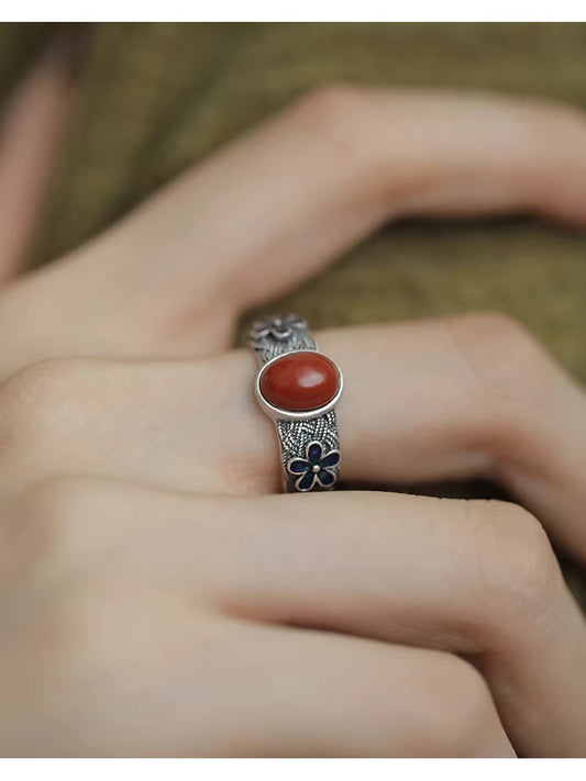Vintage S925 Silver Nanhong Agate Lovesick Bean Flower Ring – Enamel Floral Ethnic Adjustable Ring for Women