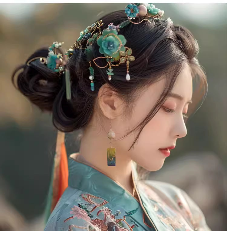 Handcrafted Peacock Blue Velvet Flower Pearl Earrings | Chinese Traditional Hanfu Style, Cloisonné Silk Art