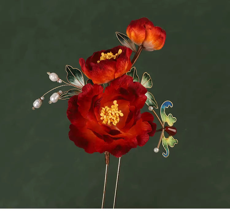 “Die Lian Hua” Red Peony Butterfly U-Shaped Hairpin | Handcrafted Velvet Flower, Hanfu & Qipao Wedding Hair Accessory