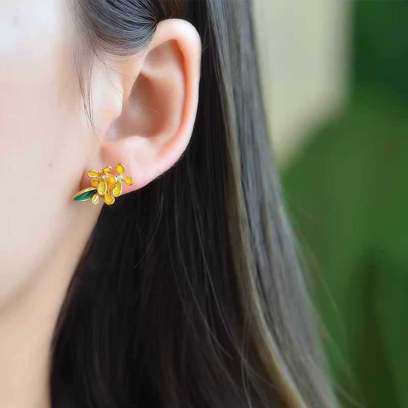 S925 Gold-Plated Silver Osmanthus Flower Hetian Jade Enamel Earrings for Women – Chinese Hanfu Retro Style