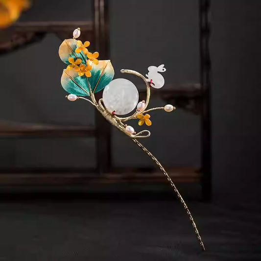 Zheguiling Osmanthus Jade Rabbit Hair Pin – Mid-Autumn Festival Inspired Silk & Pearl Hairpin for Women, Adjustable, Yellow