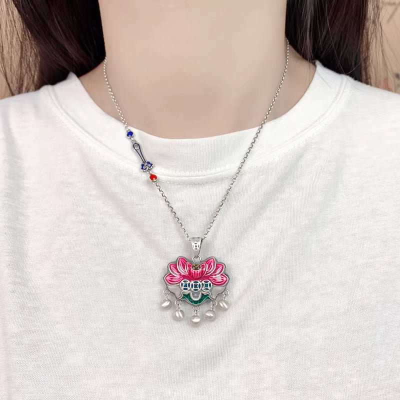 990 Sterling Silver Pink Lotus Tassel Necklace – Ethnic Style Handcrafted Pendant for Women