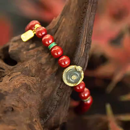 Fusheng Jade & Red Cinnabar Bracelet – Natural Jade Pi Disc, 925 Gold-Plated Charm, Chinese Lucky Amulet Beads for Women
