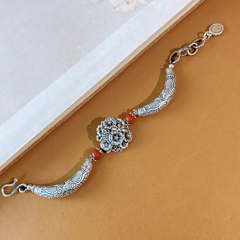 999 Fine Silver Blooming Flower Bracelet with South Red Agate – Curved Fish Pattern “Nafu” Feng Shui Handmade Jewelry