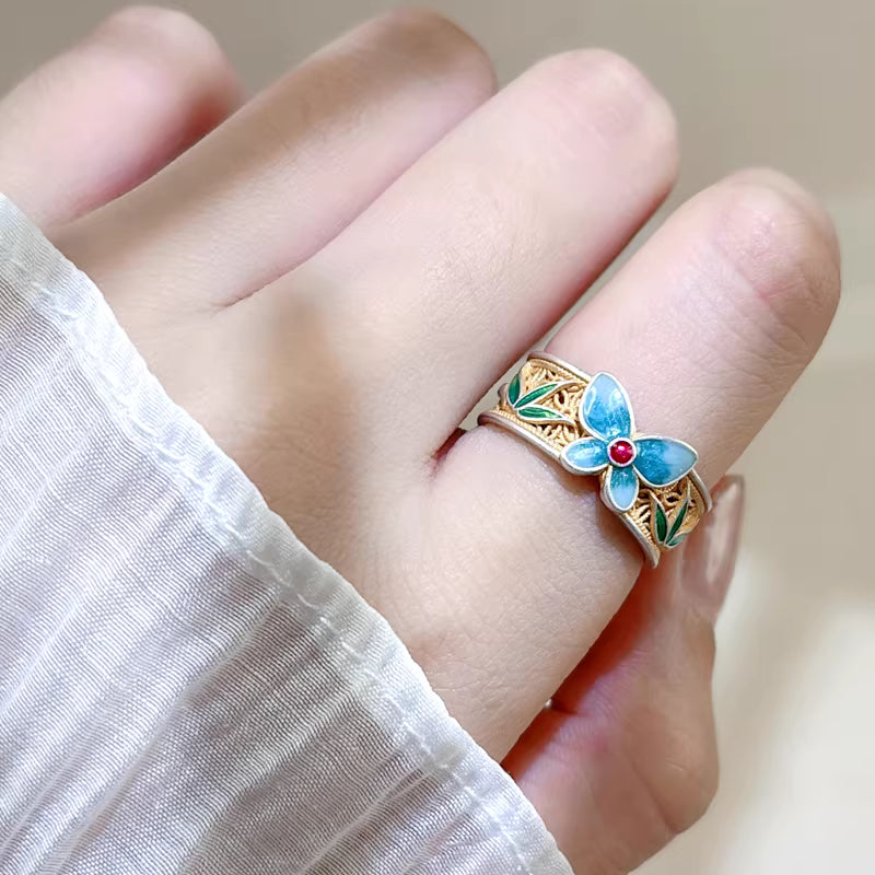 999 Sterling Silver Blue Enamel Butterfly Ring – Adjustable Bamboo Leaf Open Ring, Chinese Style Elegant Jewelry for Women