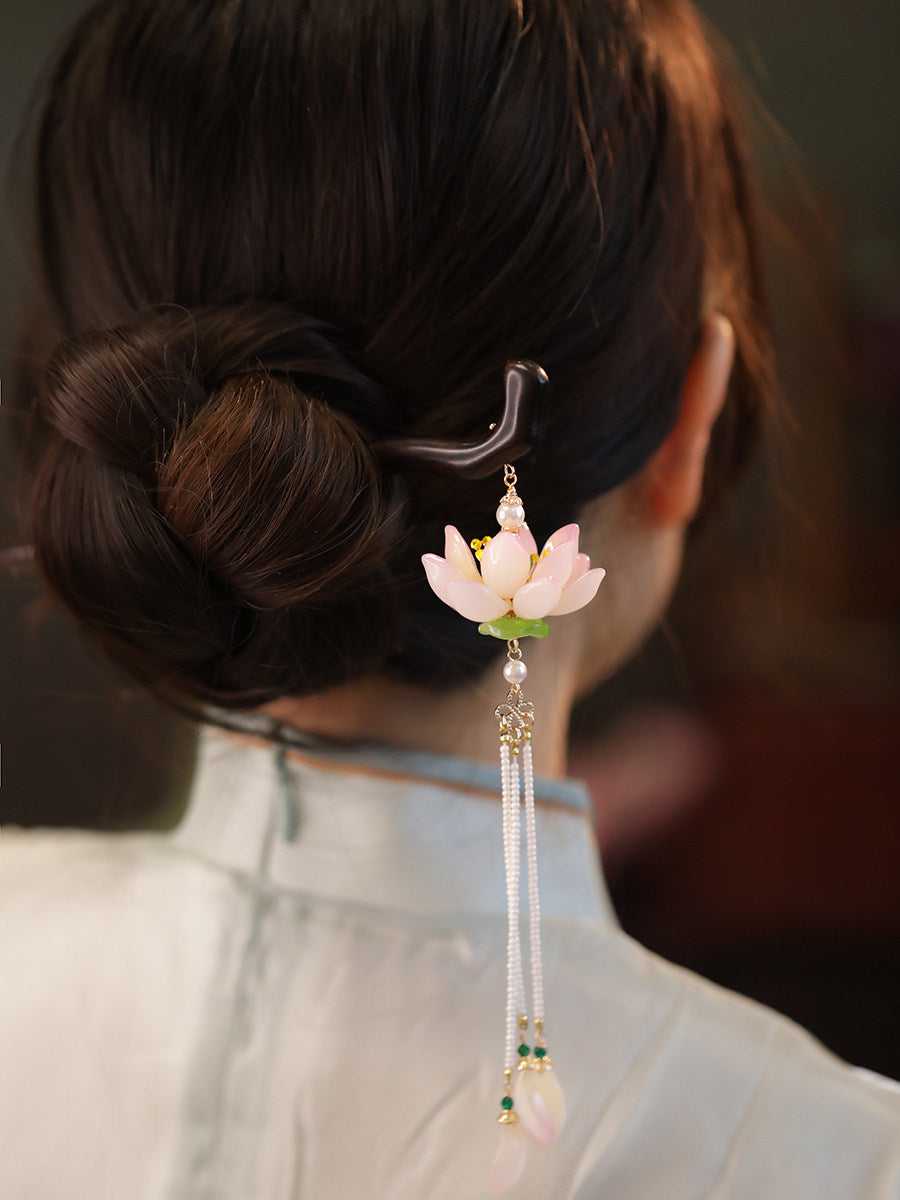 Black Ebony Lotus Long Tassel Hairpin – New Chinese Style Hanfu Hair Accessory