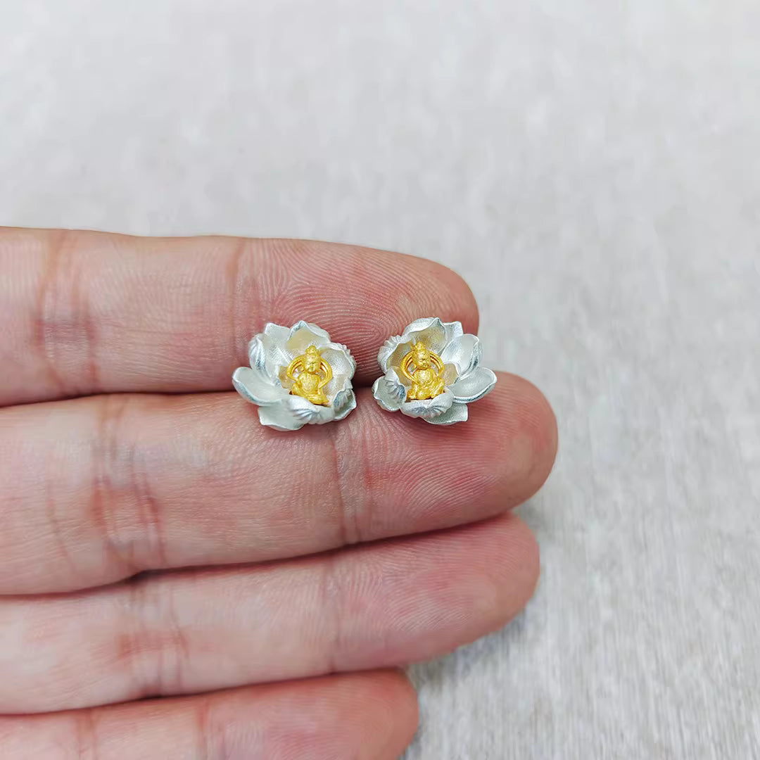 Blooming Buddha Stud Earrings – 12×13mm Handcrafted Silver or Gold-Plated, Original Design