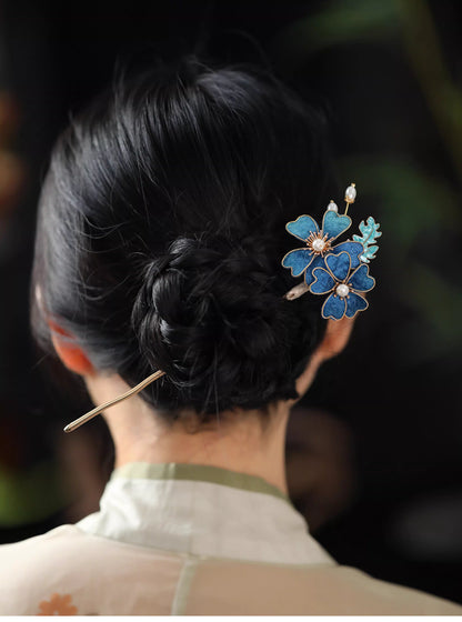 Handmade Blue Fabric Filigree Flower Hairpin – 19cm, New Chinese Style Hanfu and Qipao Hair Accessory
