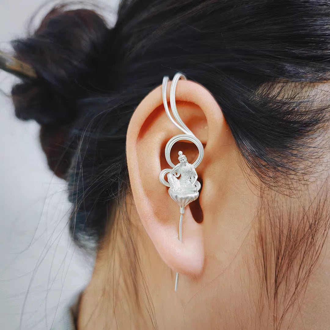 Handcrafted Silver Bodhisattva Stud Earrings – 70×13mm, Gold or Silver Finish, Original Design