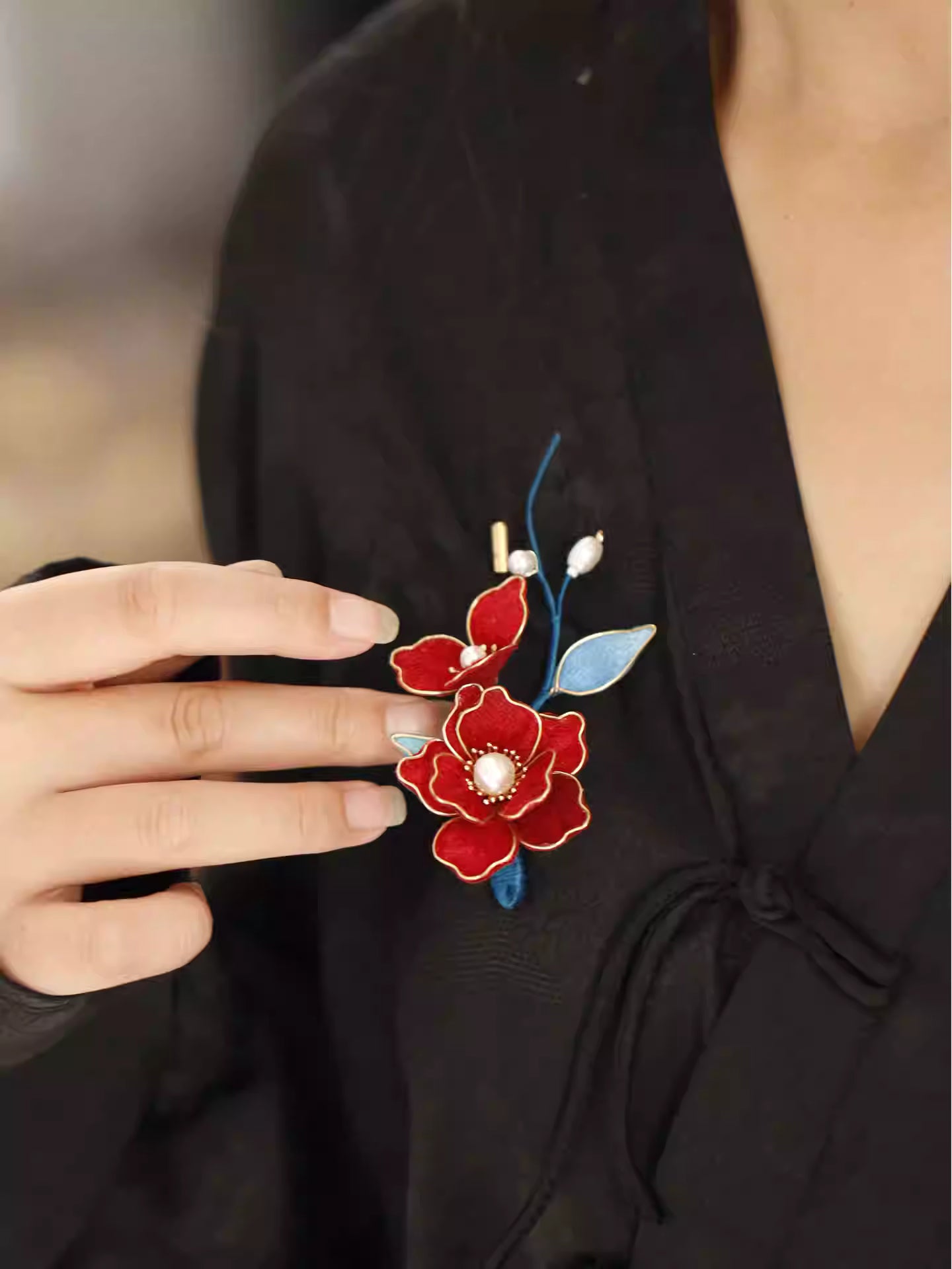 Red Camellia Filigree Brooch - Handmade Chinese Qipao Accessory, Elegant Pearl Accent Pin for Women